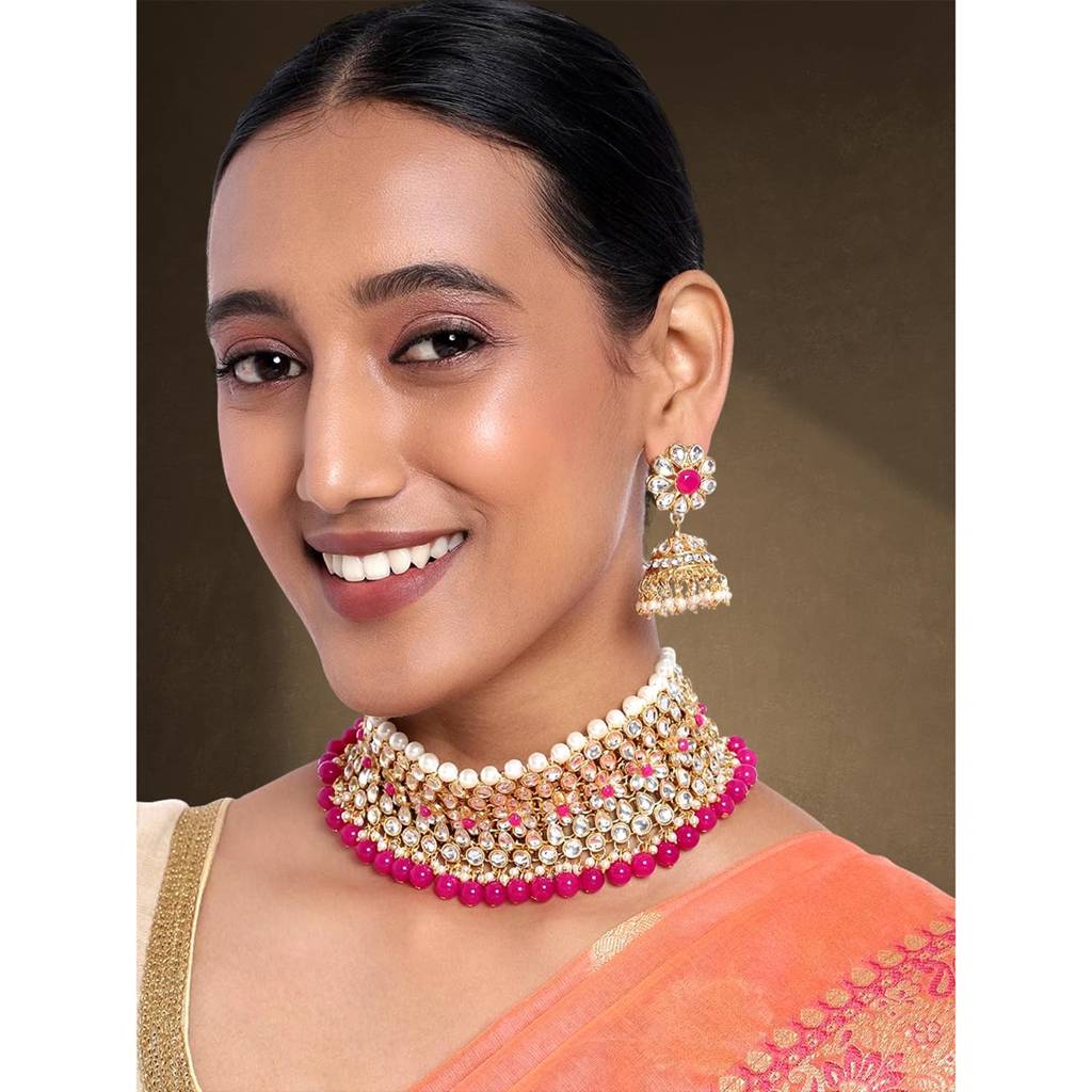 Peora Wedding Kundan Faux Pearl Choker Necklace Earring Traditional Jewellery Set For Women : PF25N1161RP