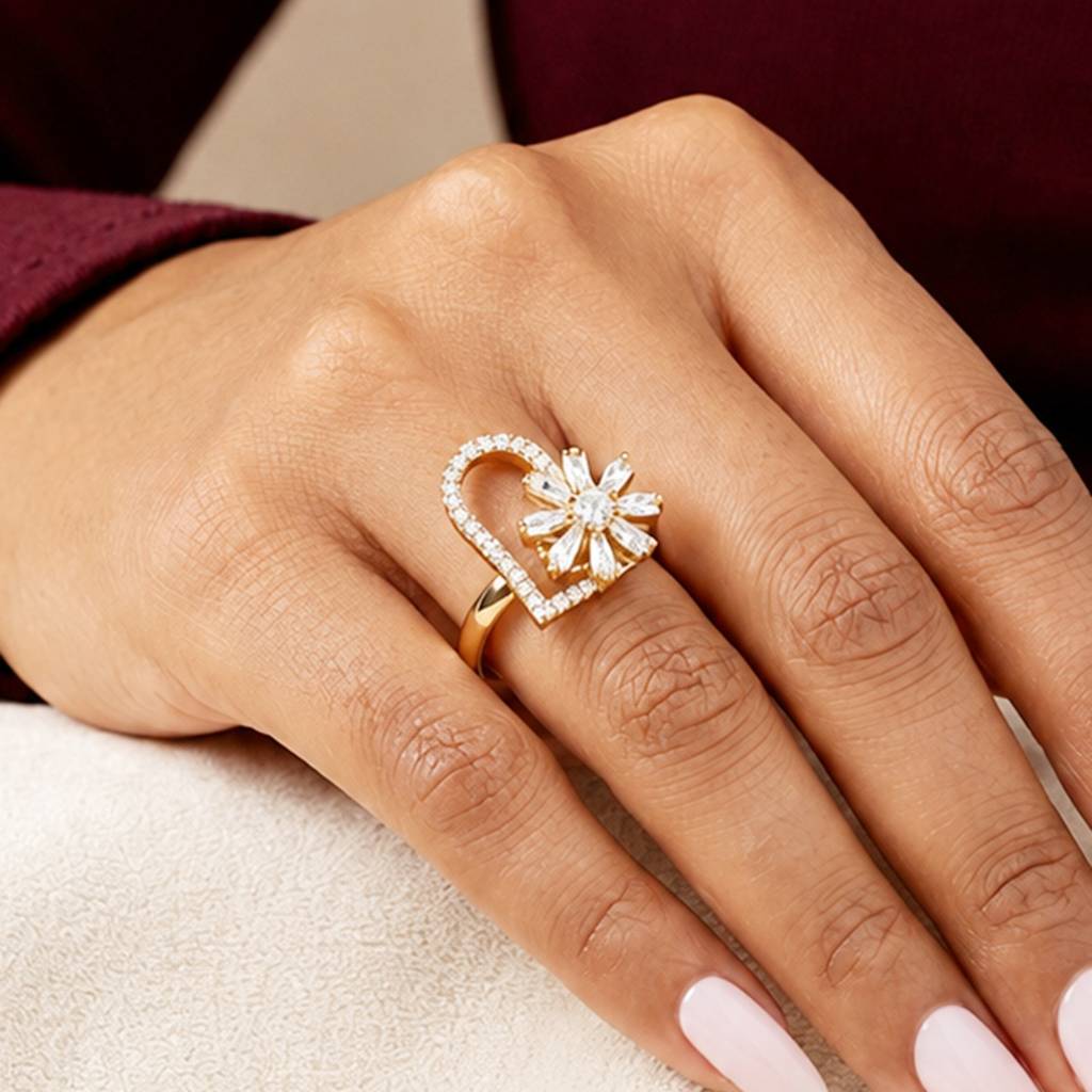 Gold Revolving Heart Blossom Adjustable Anti-Tarnish Copper Ring : JW-HSPS60MB1978