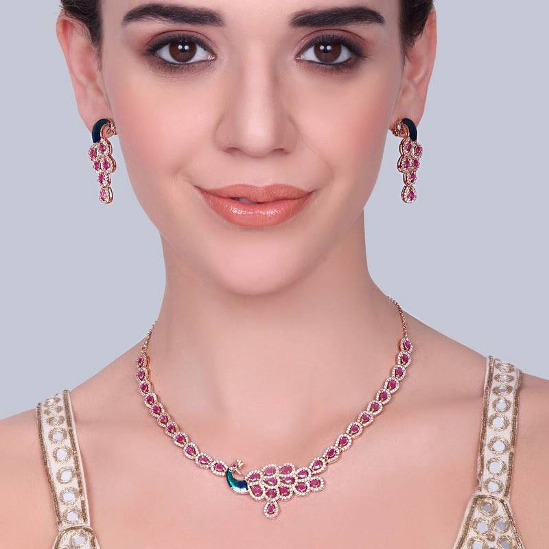 Peacock Accent Cz Sparkle Necklace Set | Rose Gold Plated | Party & Festive Glam : AD-918-RGRBNKER