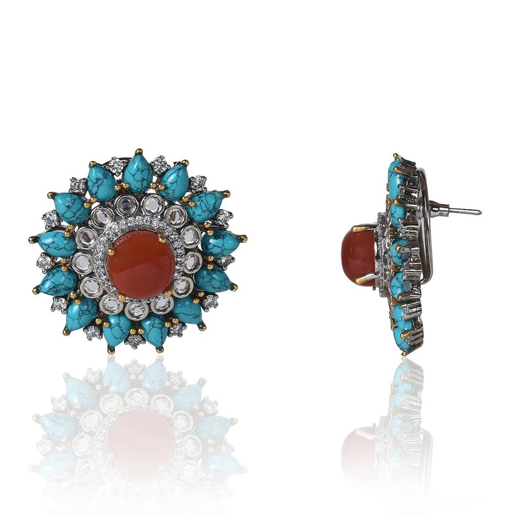 Turquoise And Red Onyx Tops Earrings