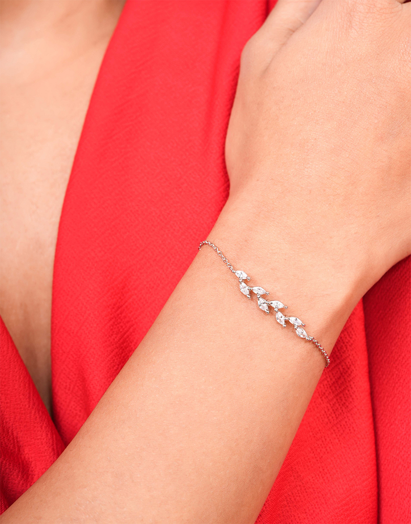 925 Sterling Silver Zircon Ferns Bracelet With Link Chain & (Adjustable) : BR-20001-R