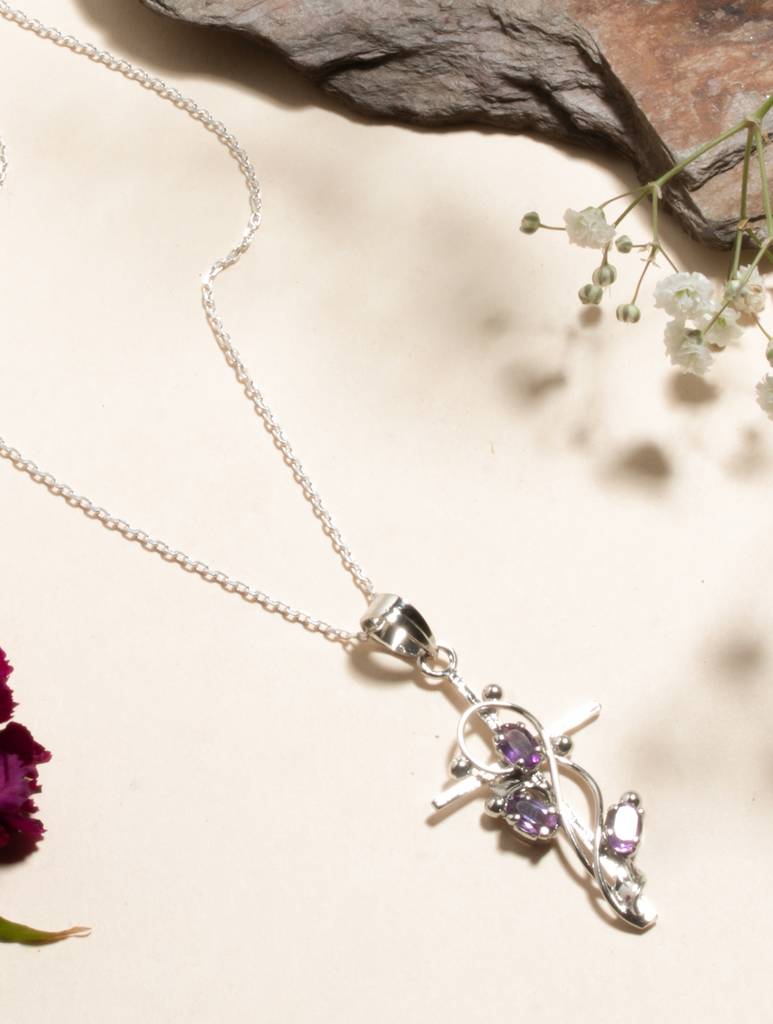 925 Sterling Silver Amethyst Pendant With 18 Inch Chain Handmade Gemstone Necklace For Women Elegant Jewelry Gift : FU-1054