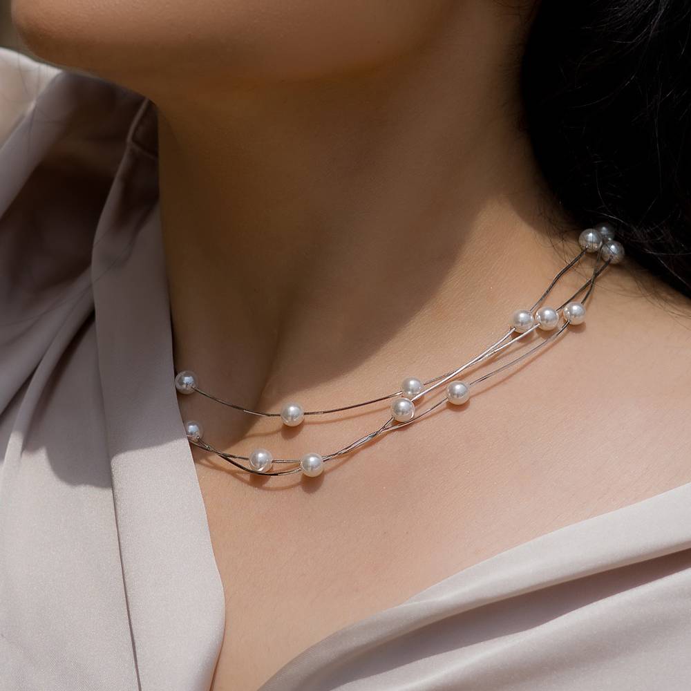 925 Sterling Crisscross Three Liner Pearl Necklace | Pearl Station Necklace : NL1057
