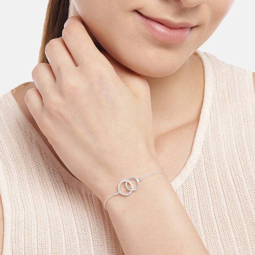 Double Circle Cz Rhodium Plated 925 Sterling Silver Bracelet : BR-80182