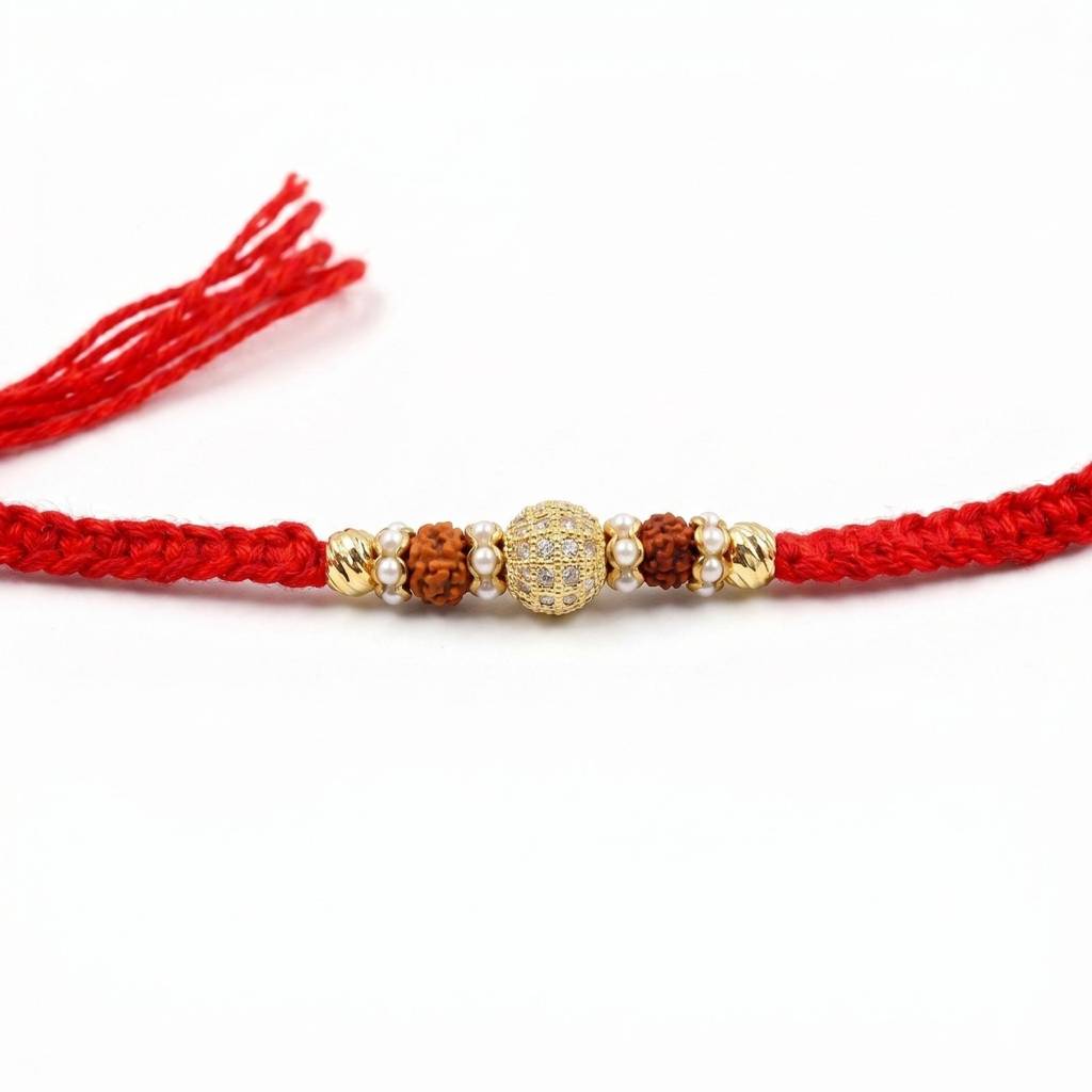 Royal Rudraksha Crystal Rakhi For Brother | Premium Designer Rakhi With Crystal Sphere, Rudraksha & Pearl Accents  : RAKHI_013