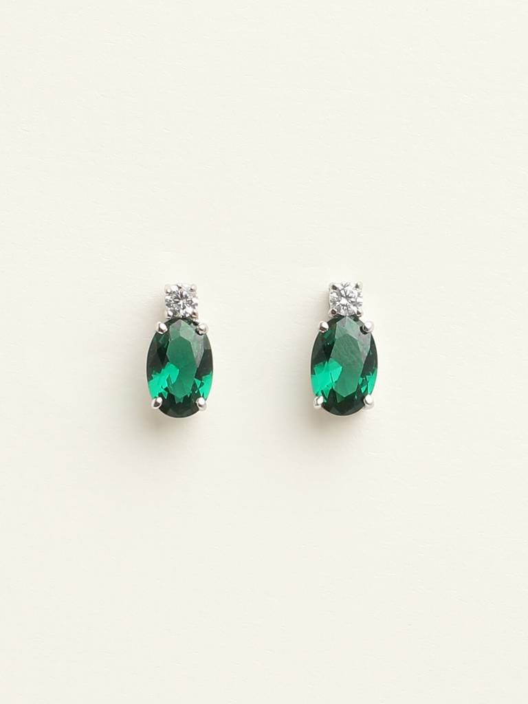 92.5 Sterling Silver Rhodium Plated Swiss Zirconia Dark Green Oval Stud Earrings With Screw Back Gift For Women : CSCLRE5OV_EM