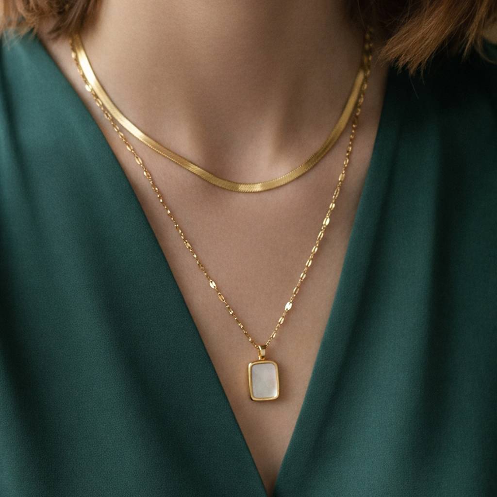 Gold-Plated Double Layer With Minimal Square Anti-Tarnish Pendant Necklace : HSPS60MB1583