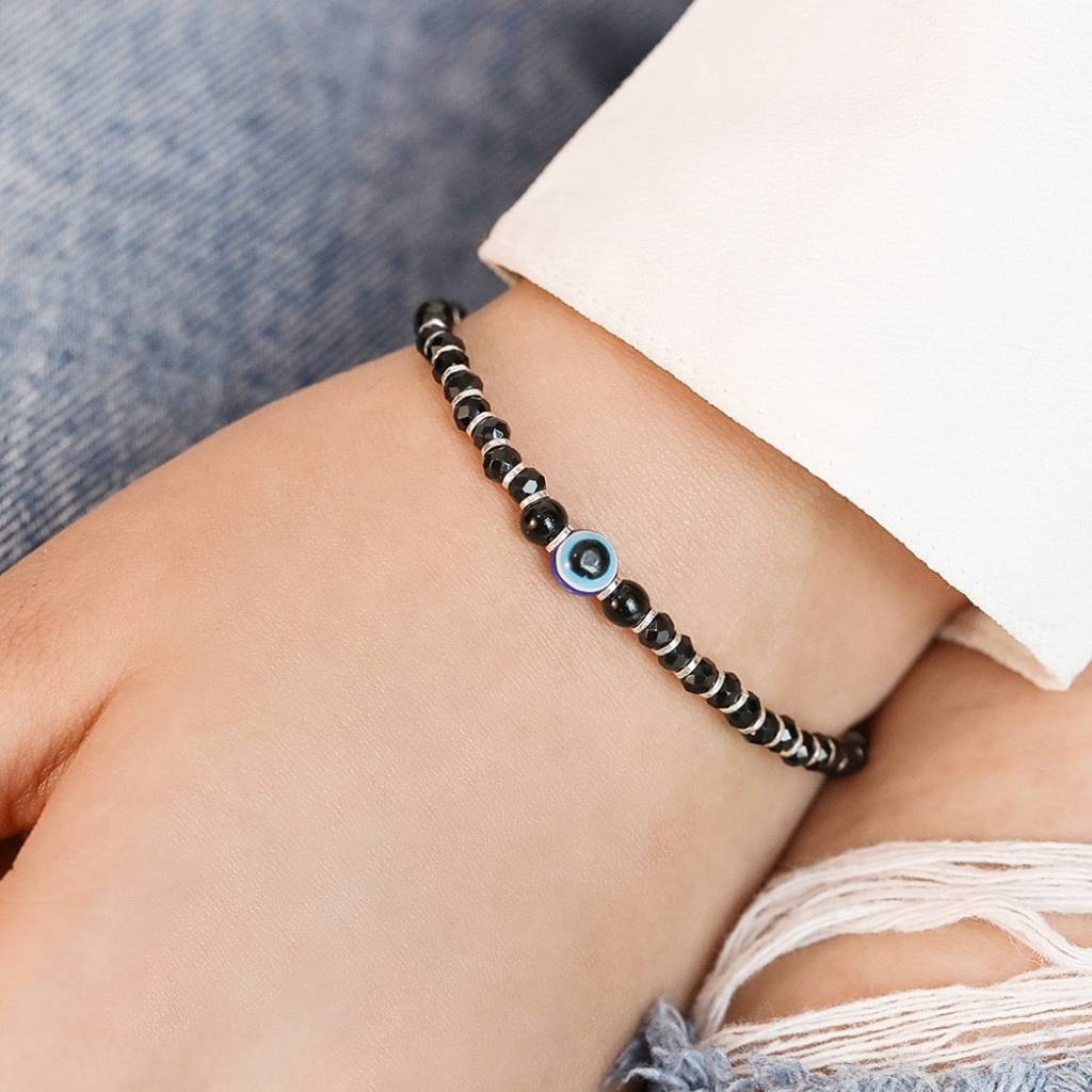Black Beads With Evil Eye 925 Silver Bold Bracelet In Silver Chain : BR-80062
