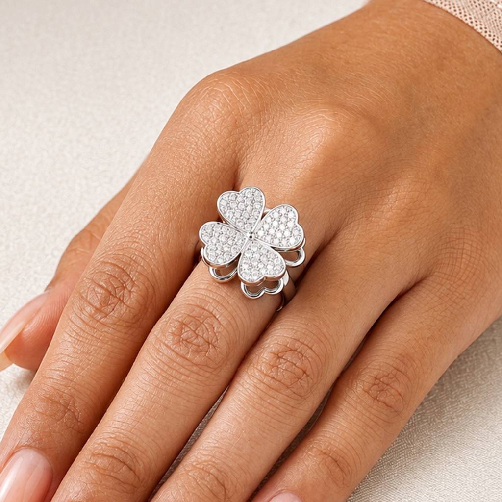 Silver Luxury Four Leaf Clover Revolving Adjustable Anti-Tarnish Copper Ring : JW-HSPS60MB1973