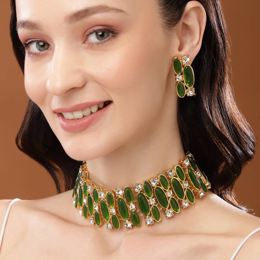 Estele Gold Plated Captivating Necklace Set With Green & White Stones For Women : 10156-BG-GNNKER