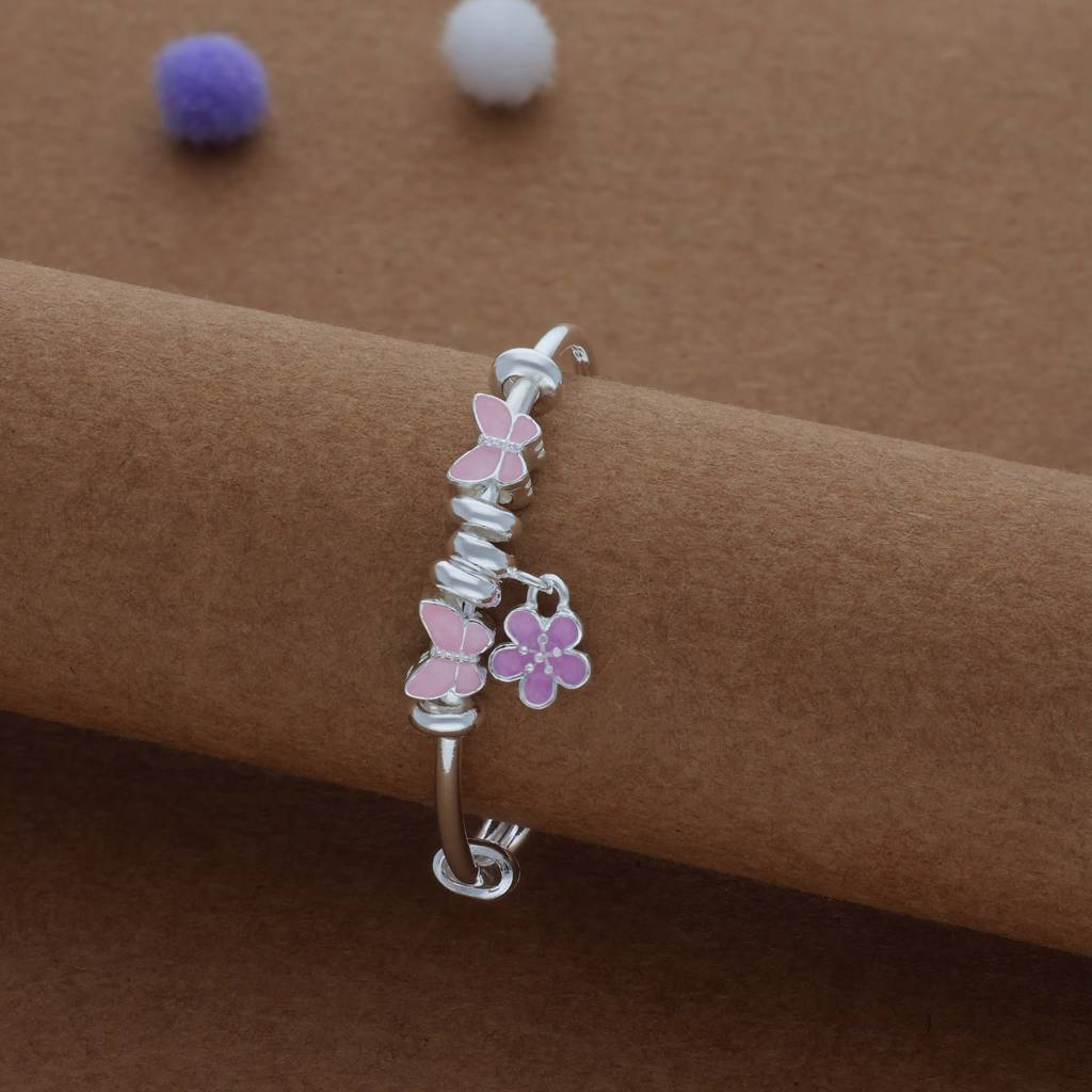 Iyal Butterfly Blossom Drop Kid Silver Bangles (0–3 Yrs) | 999 Hallmark | Adjustable Daily Wear Baby Kada | : KB-CC-RH-A-161-P