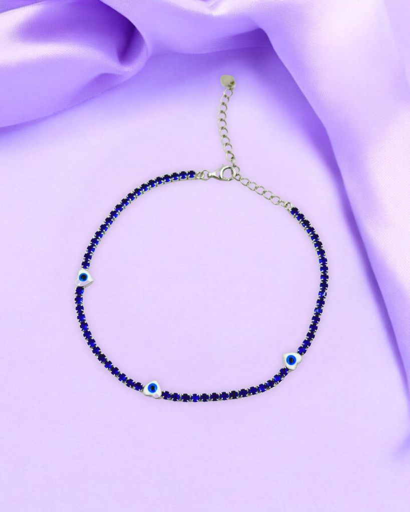 Dainty 925 Silver Heart Evil Eye Charm Anklet With Adjustable Chain : AA213