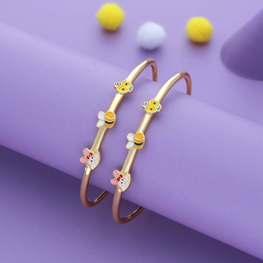 Iyal Kittybee Duo 18K Gold Polish Silver Kids Bangles (0-5 Yrs) : KB-CC-GO-U-193-S