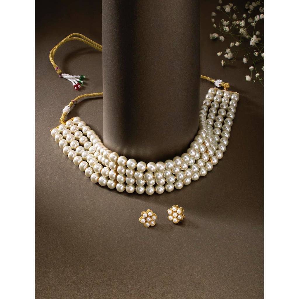 Peora Gold Plated Pearl Beaded Choker Necklace With Stud Earrings For Women Traditional Stylish Jewellery Set (Bl : PF26N1402W