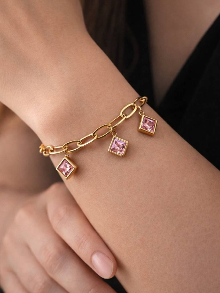 Quad Pink Charm Gold Bracelet | Anti-Tarnish Cz Chain Bracelet : ATCB753QPCB