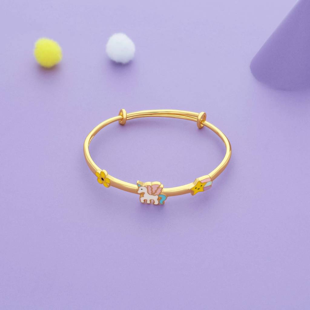 Floral Unicorn Dream Gold Polish 925 Kid Silver Bangles (0–5 Yrs) : KB-CC-GO-U-126-P
