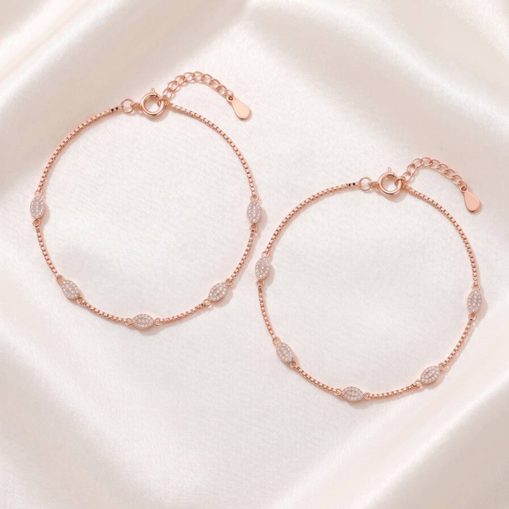 Premium Minimalist Rose Gold Pave Oval Station Anklet On Delicate Box Chain : AK1143