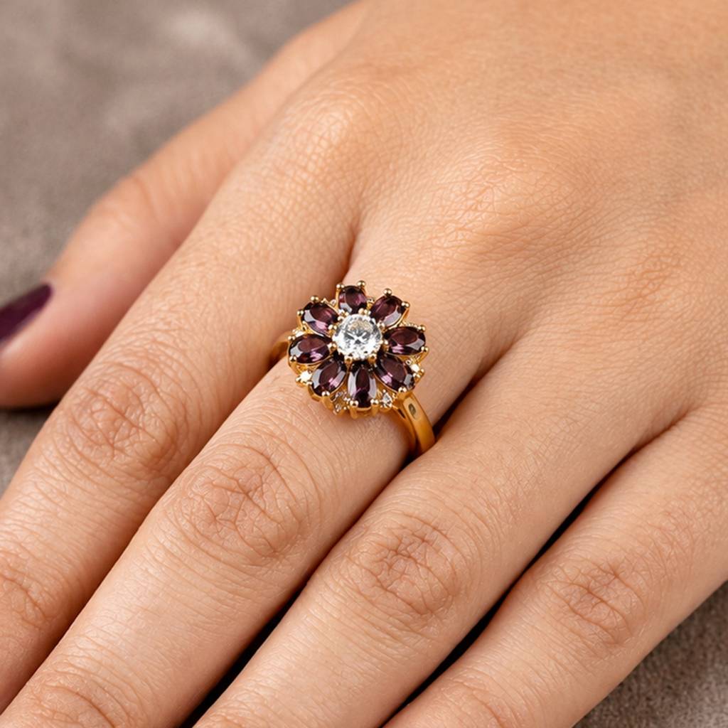 Gold Violet Petal Revolving Flower Crystal Adjustable Anti-Tarnish Ring For Women : JW-HSPS60MB1989