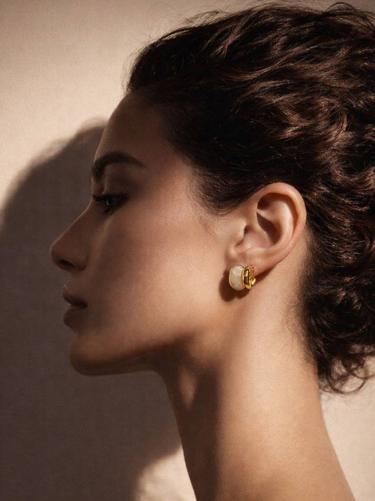 Beige Resin Gold Stud Earrings | 18K Gold Plated Everyday Studs : ATE762RBGS