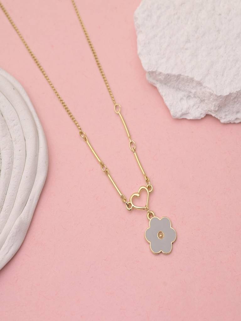 18K Gold Plated Chic Heart Floral Enamel Link Pendant Necklace Anti Allergenic For Women : SCDELNL0021