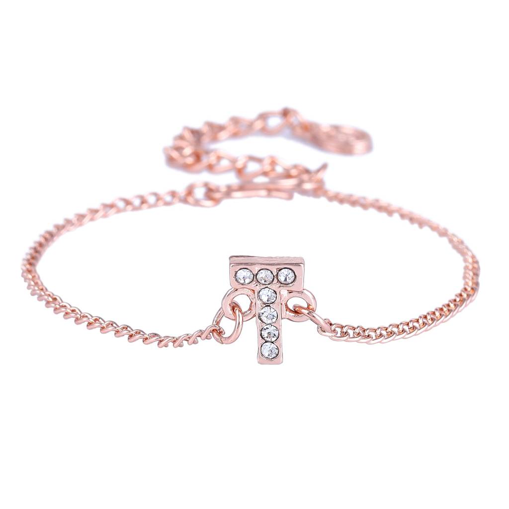 Estele Rosegold Plated Captivating Medium 'T' Letter Bracelet With Crystals For Women : 102178-RG-TBR