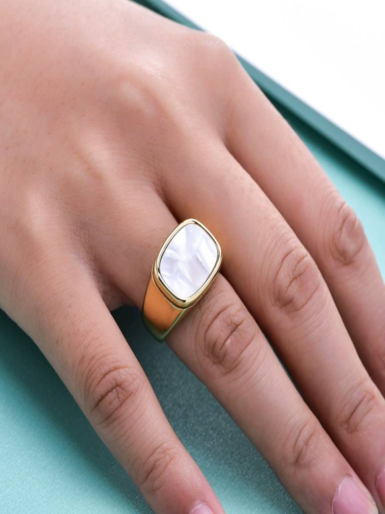 White Shell Square Ring 18K Gold Plated Waterproof Anti-Tarnish : AHC0925R0009_6