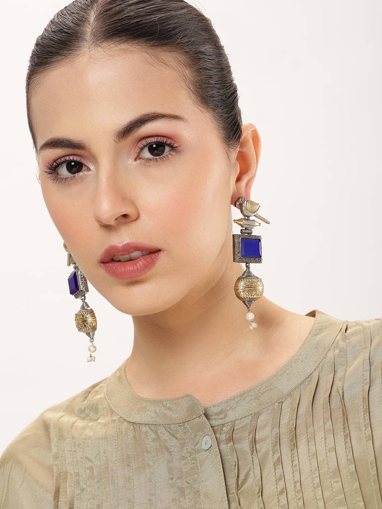 Silver & Gold Dual-Plated Oxidised Long Blue Stone Contemporary Bird Jhumkas : VI24EROX100020