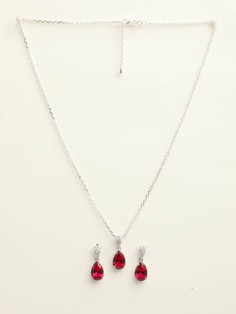 92.5 Sterling Silver Rhodium Plated Swiss Zirconia Blood Red Tear Drop Pendant Earring Chain Jewellery Set Gi : CSCLRP4E4PR_RU