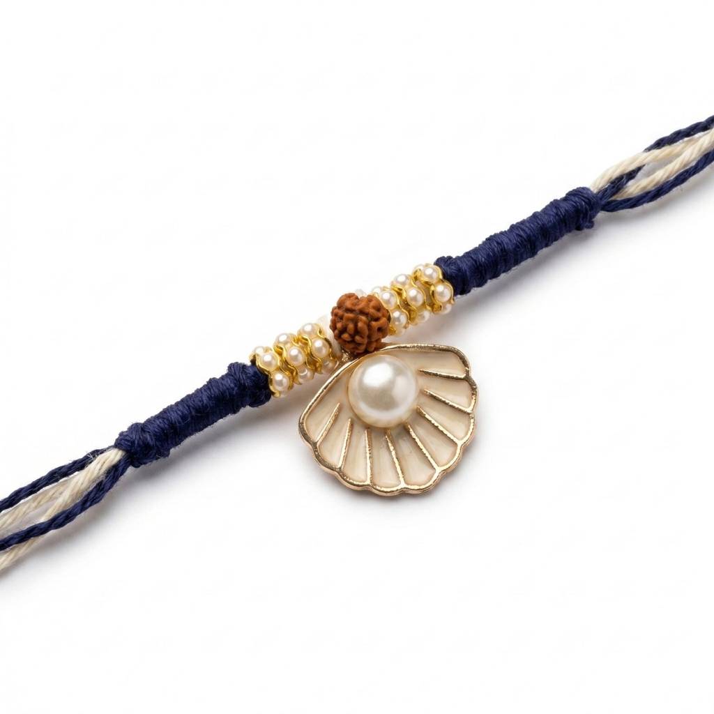 Pearl Seashell Rudraksha Rakhi For Brother | Handmade Designer Rakhi With Seashell Pearl Charm & Rudraksha | Raksh : RAKHI_039