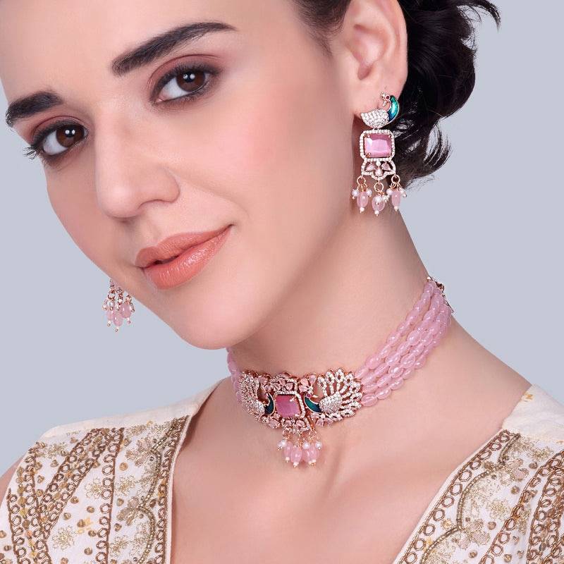 Luxury Rose Gold Finish Cz Multi String Choker Set – Bridal & Festive Wear : AD-934-RGMPNKER