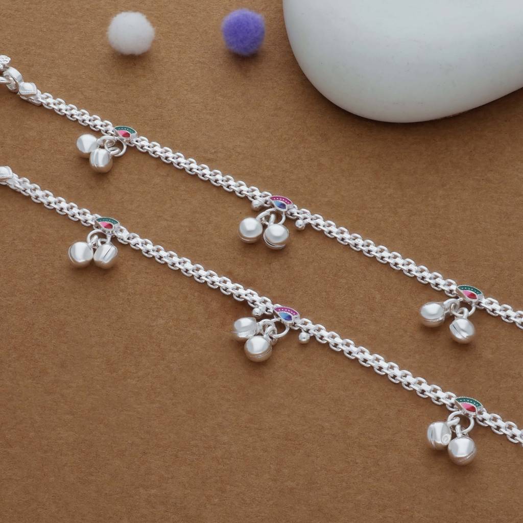 Sweet Steps Traditional 925 Silver Kid Anklet(3-4 Yrs) : KA-TU-RH-R-114-P