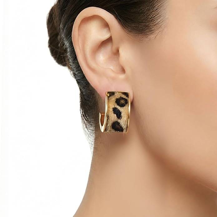 Leopard Print Hair-On Stone Gold Hoop Earrings : HSPS60MB1364
