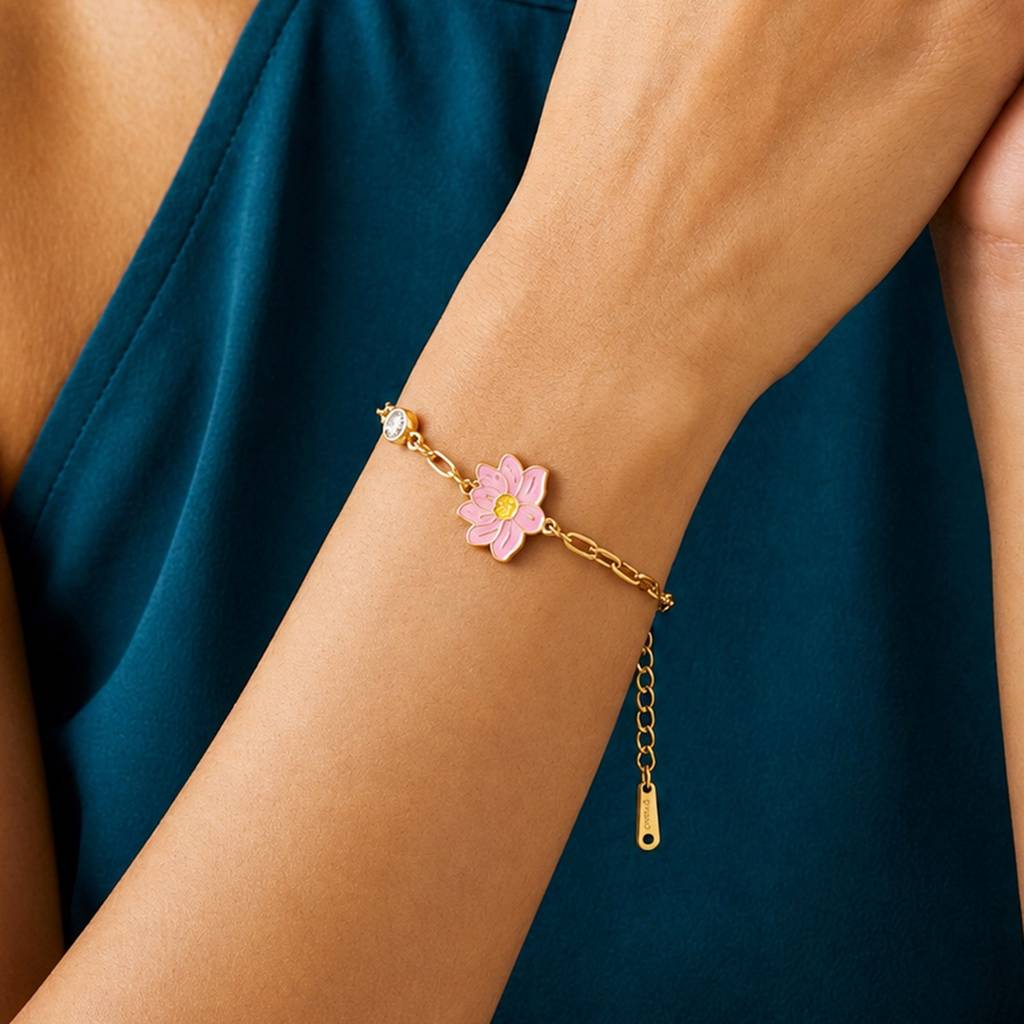 Pink Floral Crystal Chain Gold-Tone Anti-Tarnish Bracelet For Women : JW-HSPS60MB2018