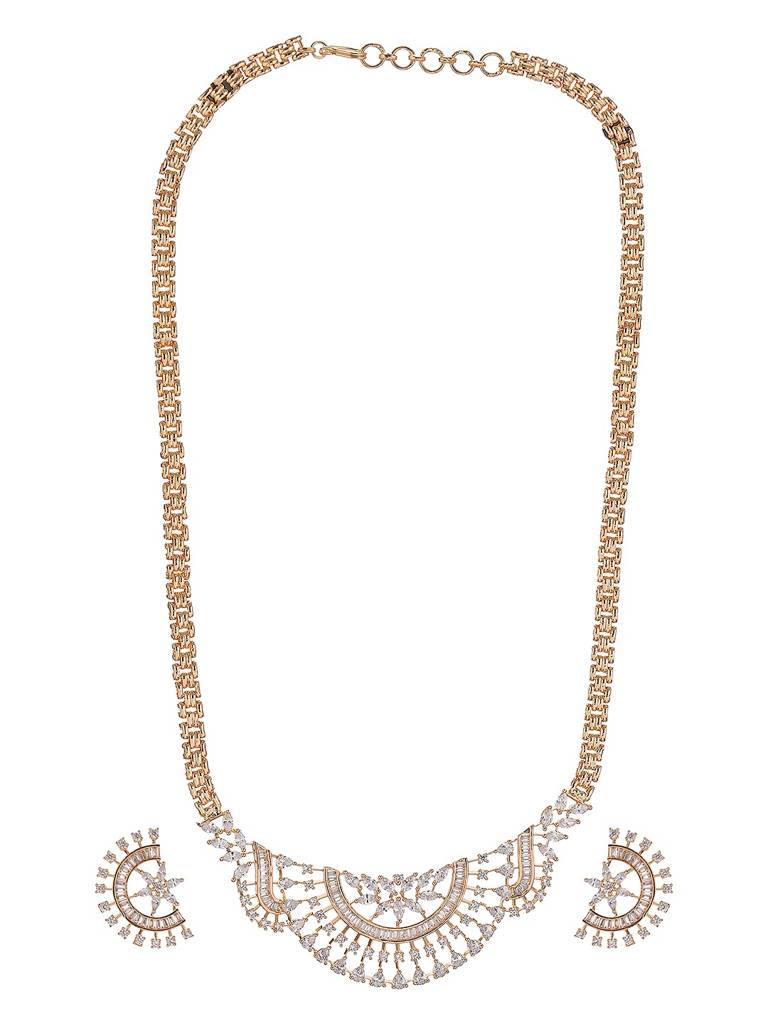 Gold Toned White Ad Zircon Studded  Long Haram Chain Necklace Jewellery Set : SJNK2889