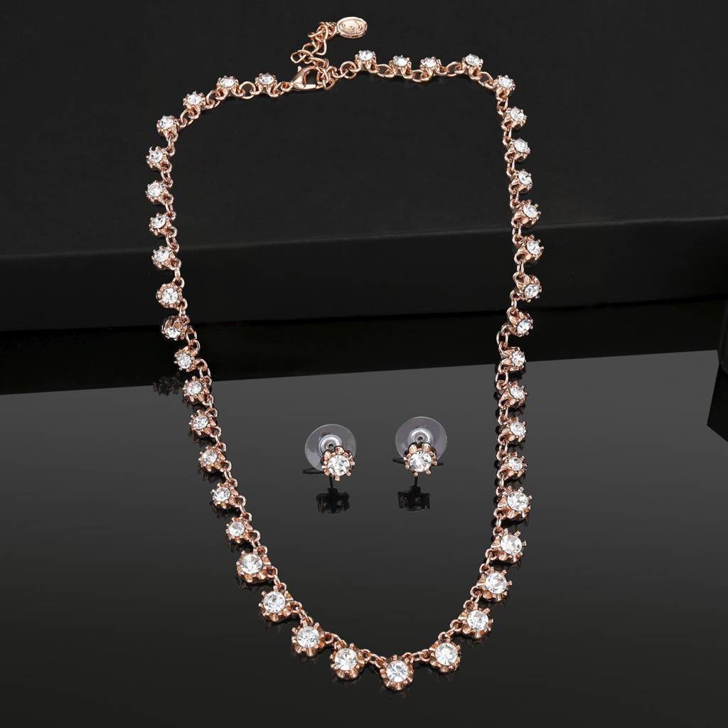 Estele Rose Gold Plated Sparkling Necklace Set With Crystals For Women