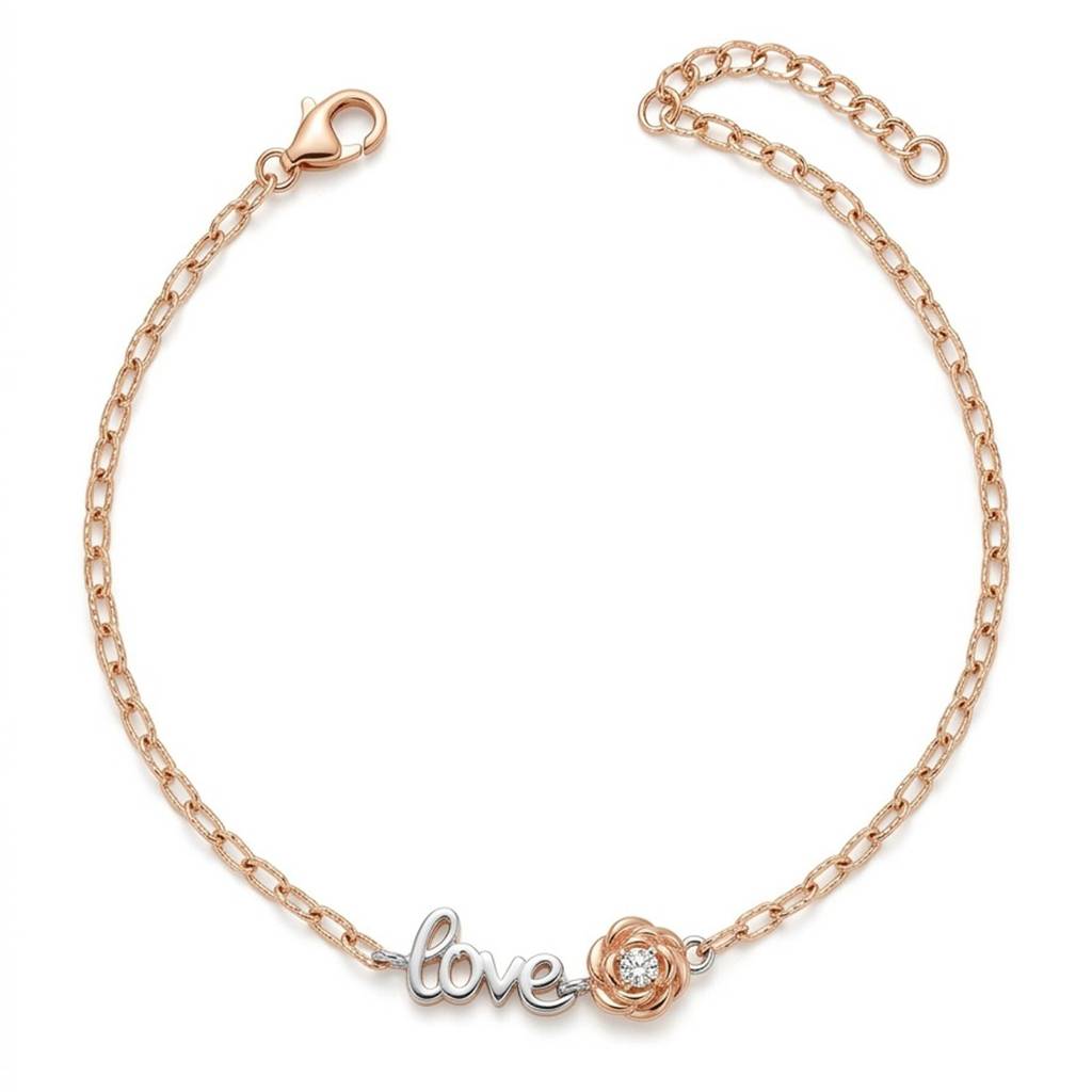 Two-Tone Rose & Love Script Bracelet : BR1150