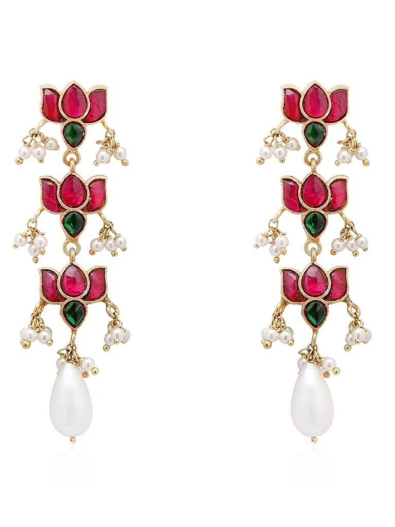 Silver Kundan Lotus Bloom Earring With Pearl : U080SG016E0743