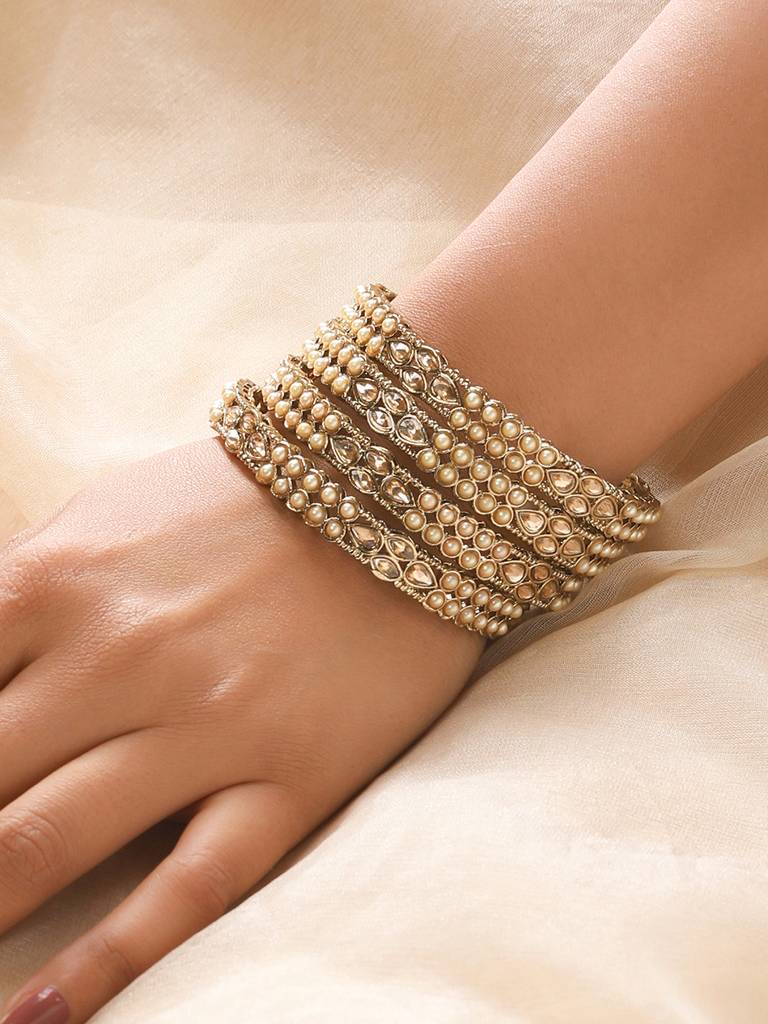Set Of 4 Gold-Plated Pearl & White Kundan Studded Bangles-Ba-Js22-60025 : BA-JS22-60025