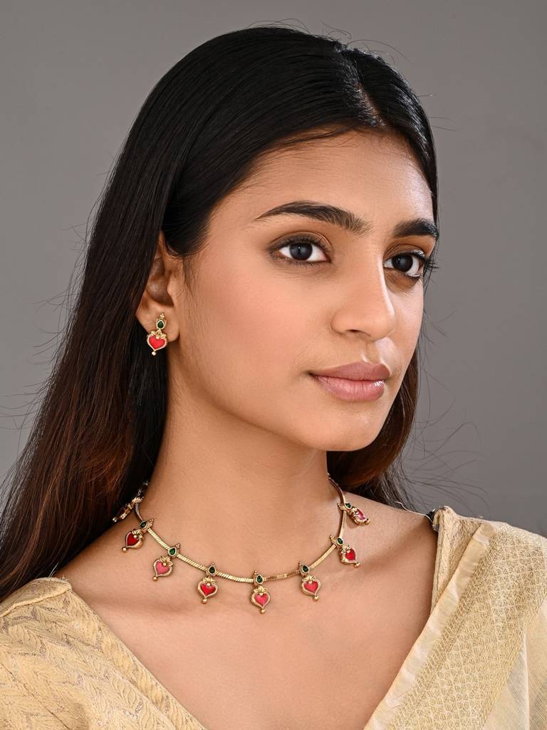 Red Meenakari Floral Alloy Necklace Set : S24FANKS545RED