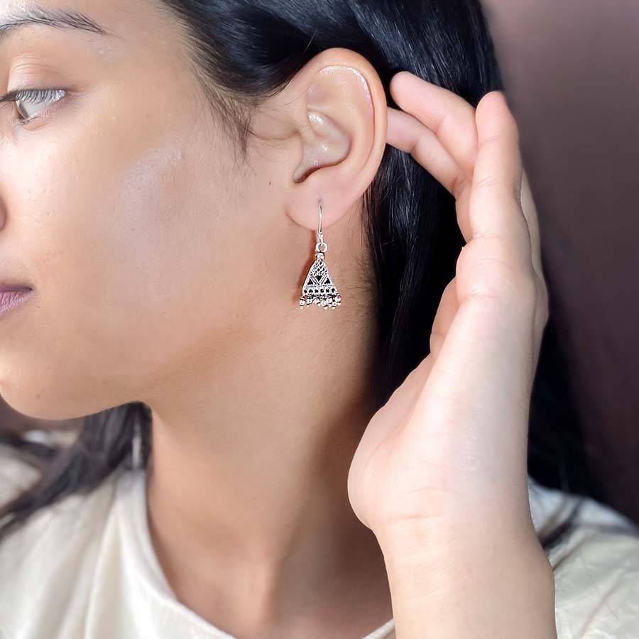 925 Silver Oxidised Silver Triangular Jhumki : IS-ER-DP-1131