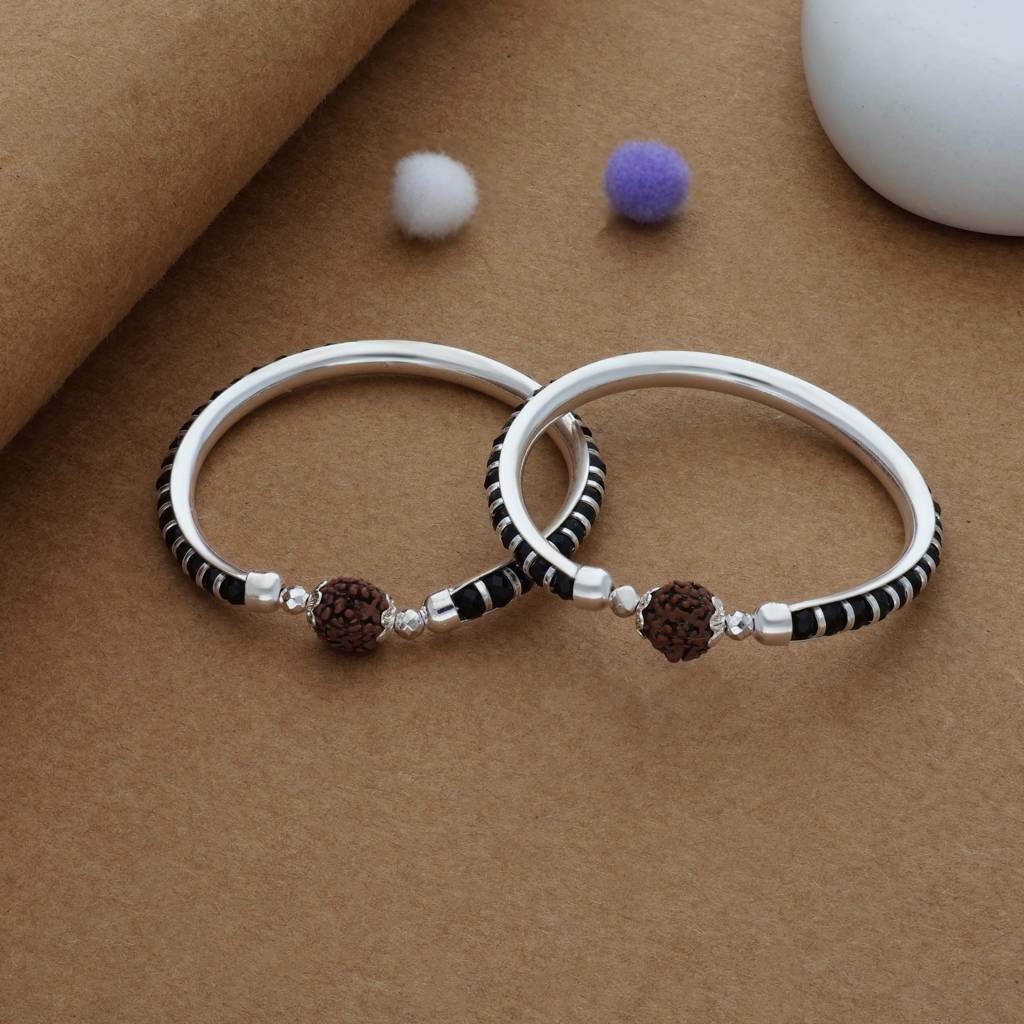 Dual Bead 925 Silver Kid Bangles : KB-CC-RH-U-348-P