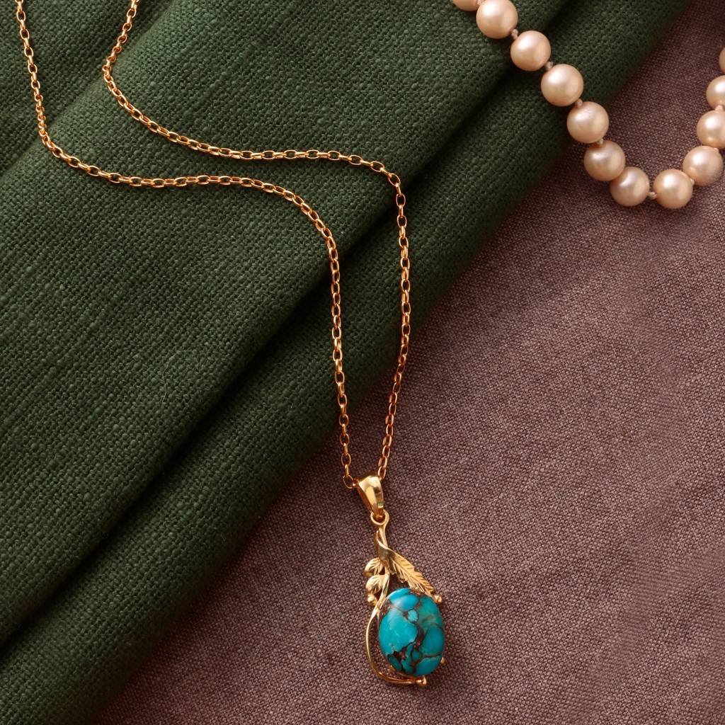 925 Sterling Silver Turquoise Pendant With 18In Chain For Women, Handcrafted Gemstone Jewelry : FU-0490-C