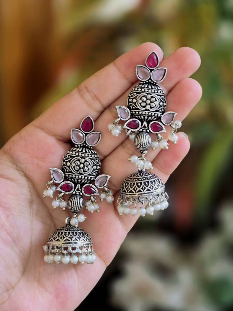 Oxidised Silver Aqua & Ruby Pearl Jhumkas : NA_ST_ER_231_1