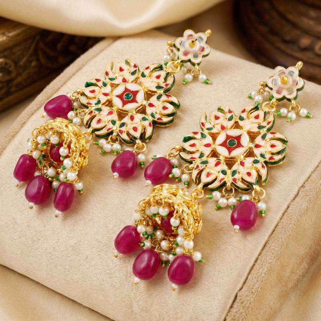 18K Gold Plated Kundan Jhumka With Green Back Meenakari Earrings : 1320-J5EK-2301-R