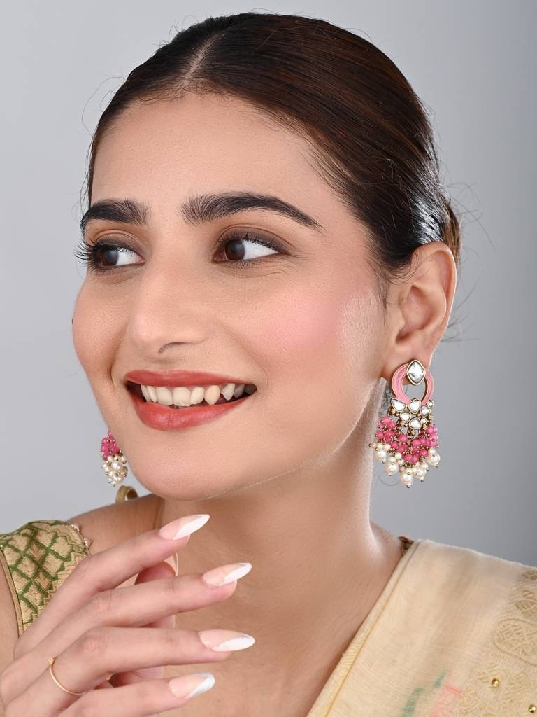 Gold-Plated Meenakari Stud Earrings With Kundan & Pearl Cluster Drops : S24FAER408PNK