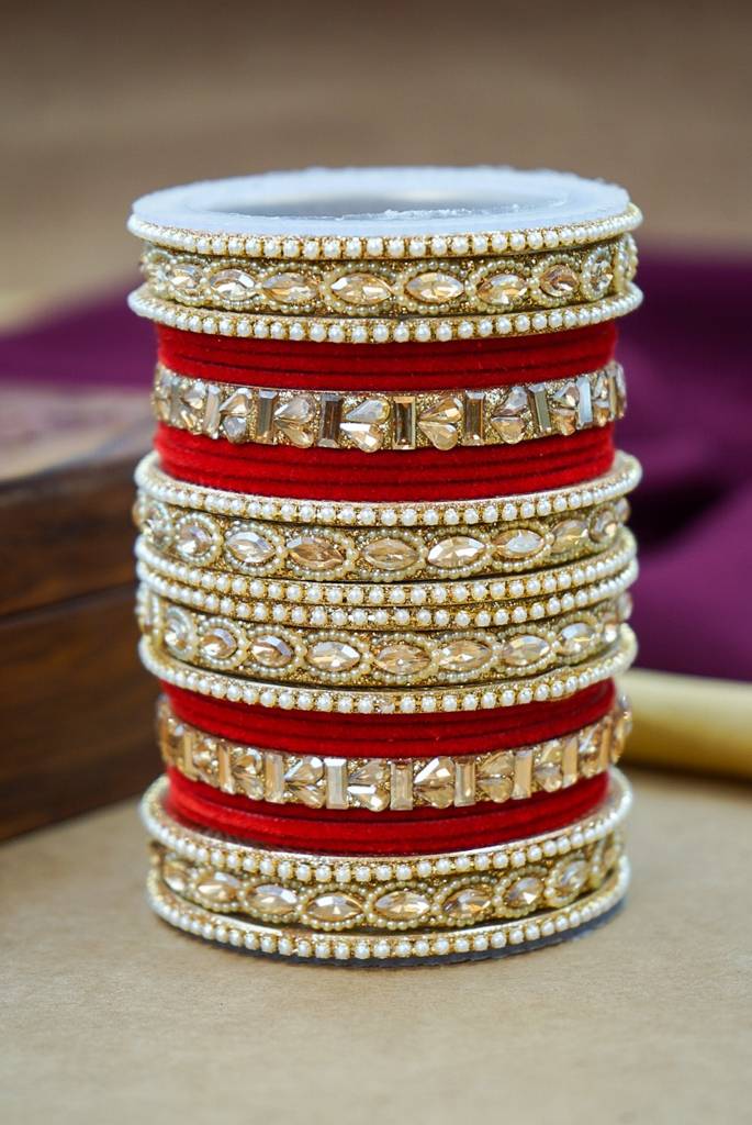 Premium Velvet Bangles Set – Wedding & Party Wear : HJ-28-24-RED