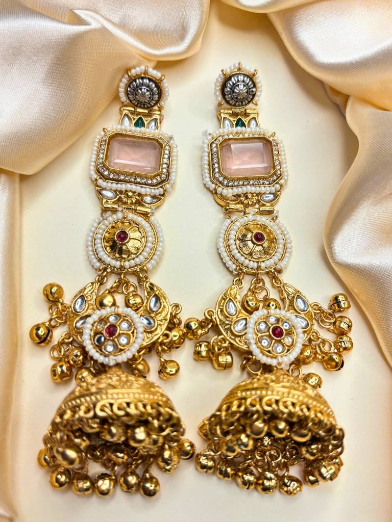 Gold-Plated Kundan And Stone Long Chandbali Jhumka Earrings : VI26EROX100344