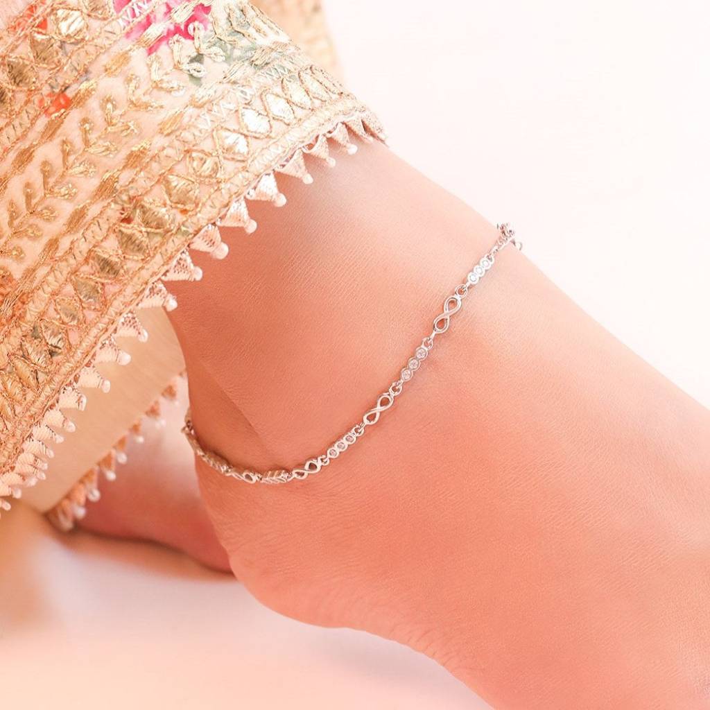 Infinity Cubic Zirconia Rhodium Plated 925 Sterling Silver Anklet : ANK-60333-PAIR-R