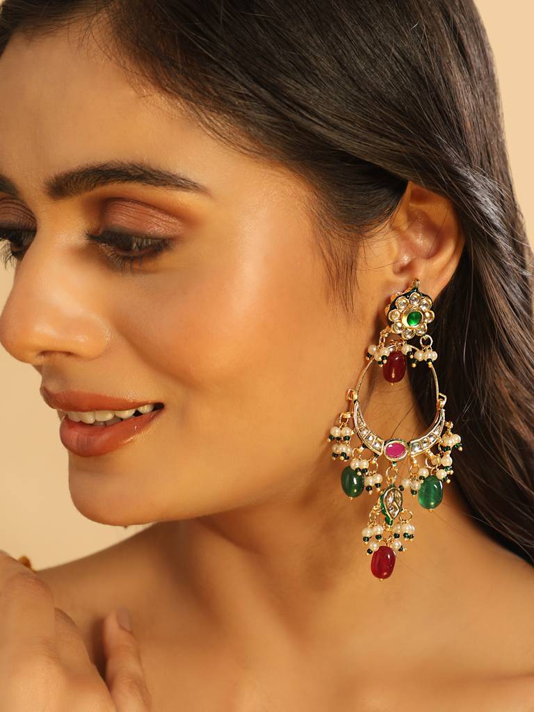 22K Gold Plated Crescent Kundan Drop Stone Chandbali Earrings : YI24A0465E