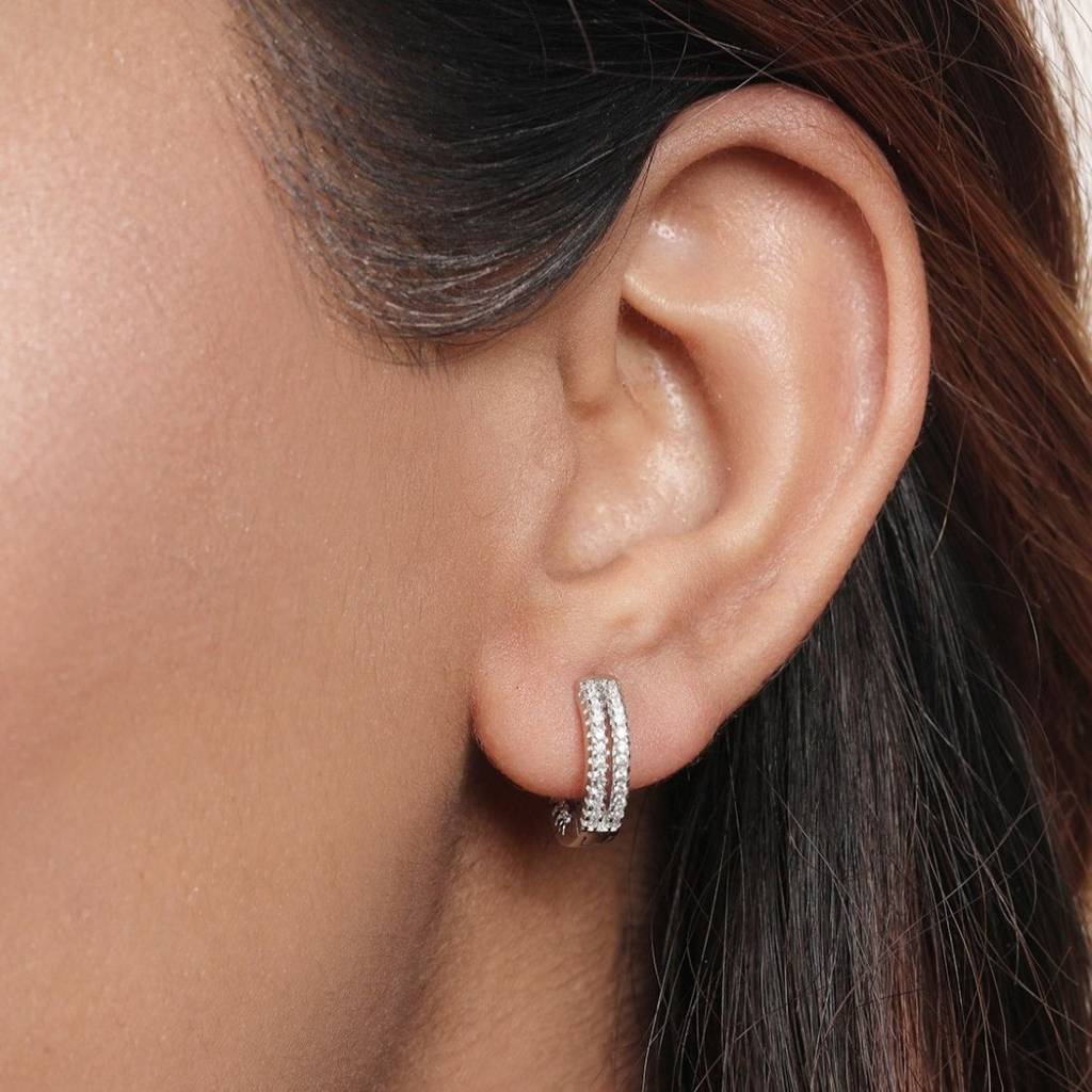 Dual Line Glamour Rhodium Plated 925 Sterling Silver Hoop Earrings : EAR-20816-R